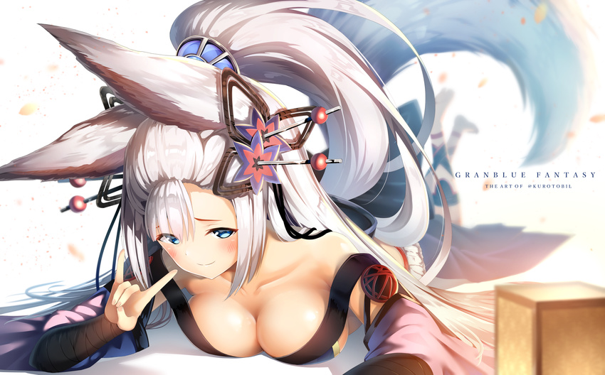 animal_ears artist_name barefoot blue_eyes blurry blush breasts closed_mouth collarbone commentary_request copyright_name depth_of_field english erune granblue_fantasy hair_ornament hairpin hand_gesture high_ponytail highres kurotobi_rarumu large_breasts legs_up long_hair lying on_stomach silver_hair smile socie_(granblue_fantasy) solo tail twitter_username very_long_hair white_background