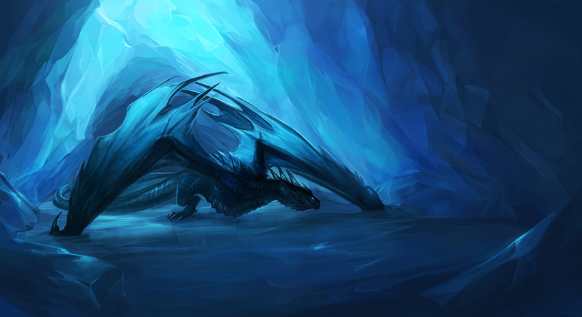 allagar ambiguous_gender blue_eyes blue_scales blue_theme claws crouching detailed_background dragon feral ice_cave ice_dragon membranous_wings scales scalie solo spread_wings stalking western_dragon wing_claws wings wyvern