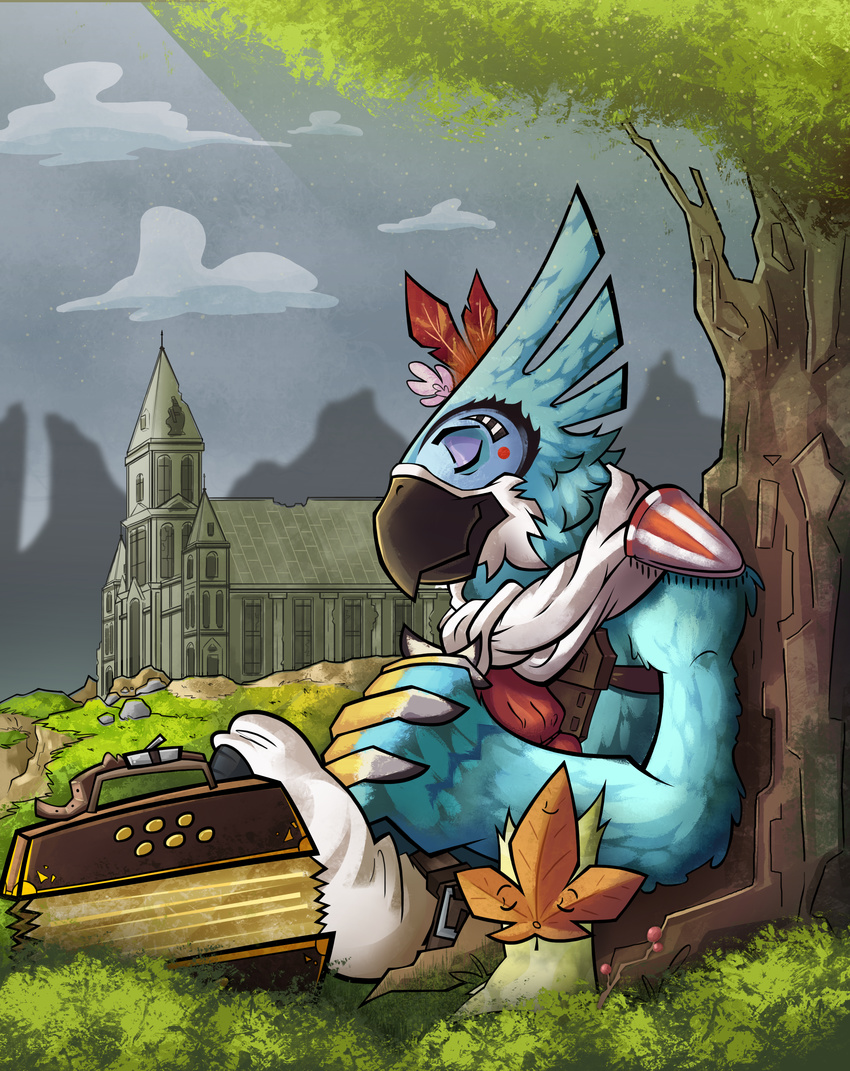 5_fingers accordion anklet anthro avian beak black_feathers blue_feathers breath_of_the_wild claws clothed clothing cloud day digital_media_(artwork) eyes_closed feather_hands feathers grass happy jewelry kass_(zelda) korok male markings musical_instrument nintendo outside red_feathers rito sitting sky smile solo talons the_legend_of_zelda video_games white_feathers yellow_feathers