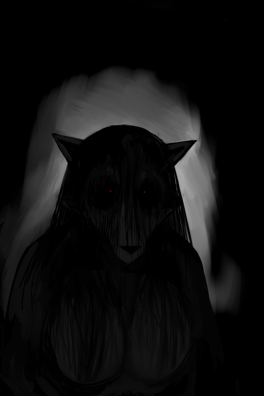 2018 anthro black_and_red breasts canine dog female ghost_pupper hair hair_over_breasts hladilnik mammal nightmare_fuel red_eyes restricted_palette solo