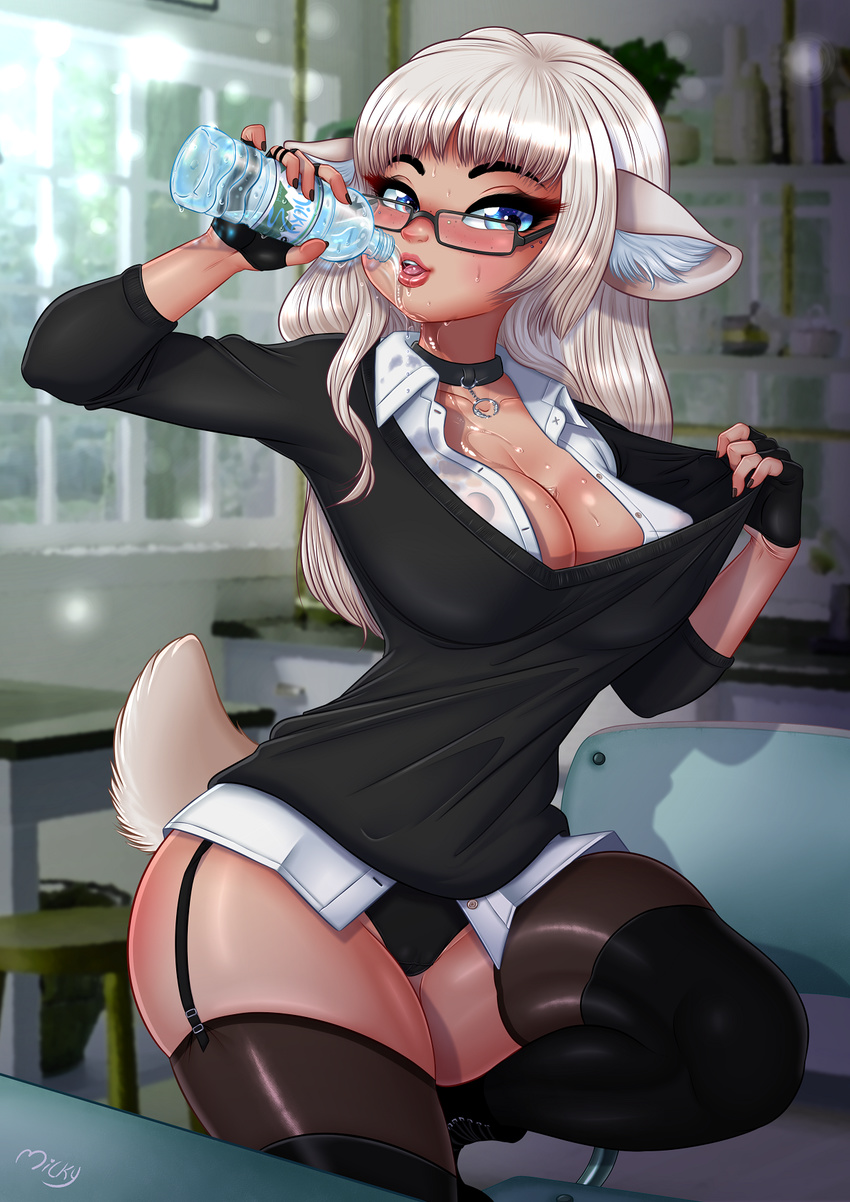 2018 anthro blue_eyes bottle breasts camel_toe caprine cleavage clothed clothing collar colored_nails eyewear female fingerless_gloves glasses gloves hair hi_res holding_object inner_ear_fluff legwear lemur2003_(artist) long_hair looking_at_viewer mammal open_mouth panties sheep shirt solo stockings underwear water wet_shirt white_hair