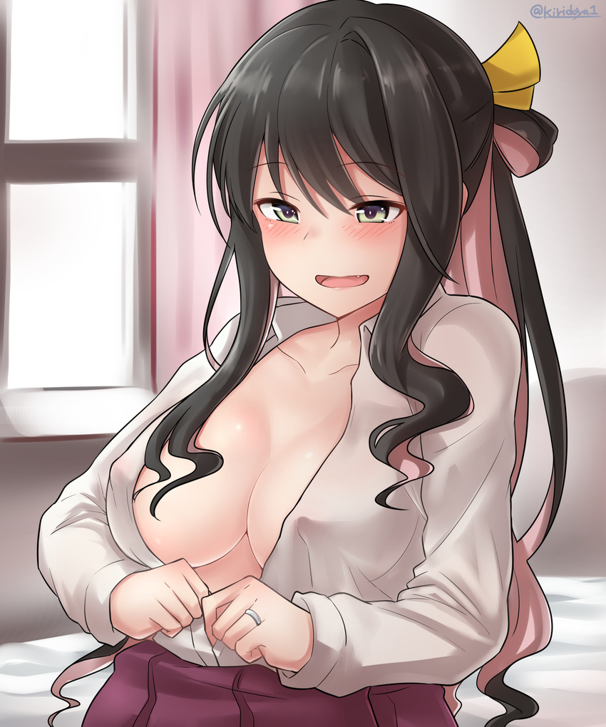 erect_nipples kantai_collection kiritto naganami_(kancolle) no_bra open_shirt seifuku