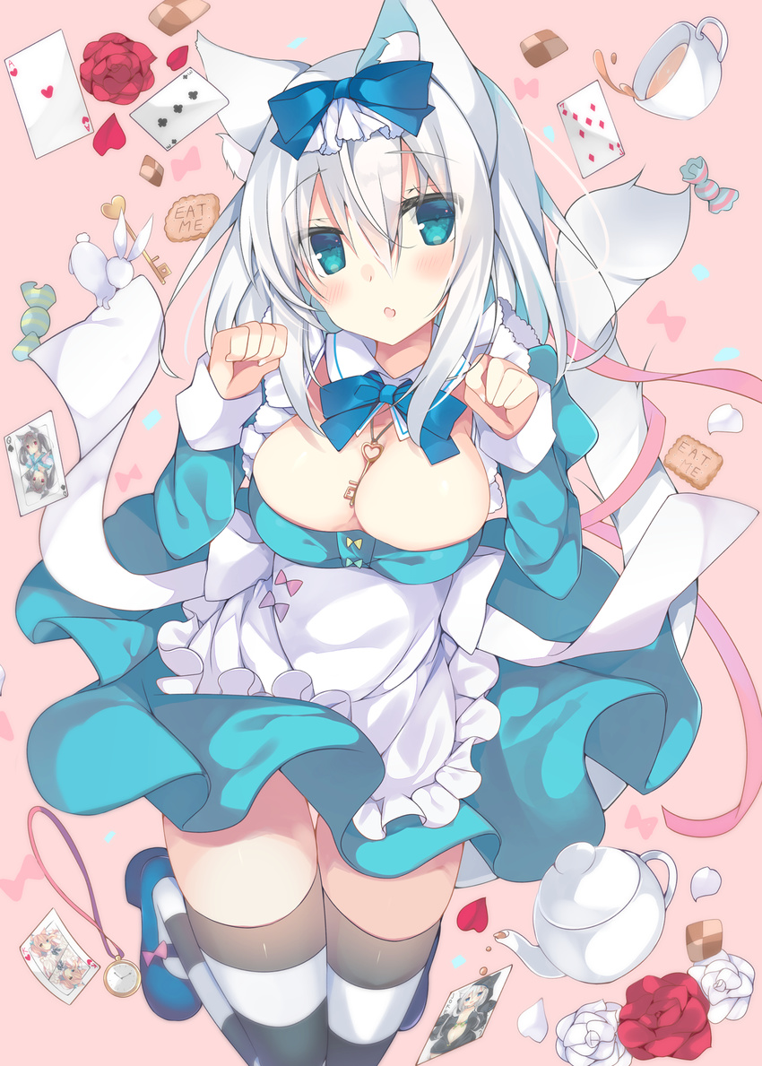 :o animal_ears blue_eyes blush bow breasts card cat_ears cat_tail cleavage cup flower hair_bow highres jewelry key looking_at_viewer medium_breasts original paw_pose pendant playing_card rose satsuki_mayuri short_hair solo striped striped_legwear tail teacup teapot thighhighs white_hair