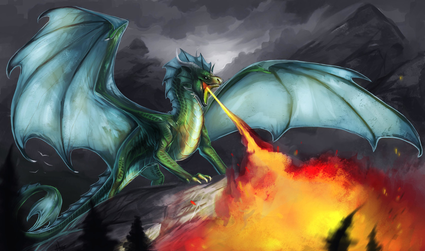 allagar ambient_bird ambiguous_gender avian bird blue_markings cloud countershading detailed_background digital_media_(artwork) dragon feral fire fire_breathing green_scales horn markings membranous_wings mountain outside scales scalie sky smoke solo standing western_dragon wings yellow_countershading
