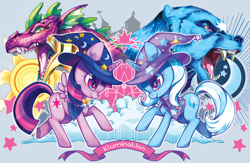 2015 banner bear blue_fur blue_hair building cape clothing cloud crescent_moon cute cutie_mark dragon duo english_text equine eyelashes fangs feathered_wings feathers female friendship_is_magic full-length_portrait fur green_eyes green_sclera grey_background hair hat horn male mammal moon multicolored_hair my_little_pony open_mouth portrait purple_eyes side_view simple_background smile spike_(mlp) star sun teeth text theuselesstoe tongue trixie_(mlp) twilight_sparkle_(mlp) unicorn ursa_minor winged_unicorn wings