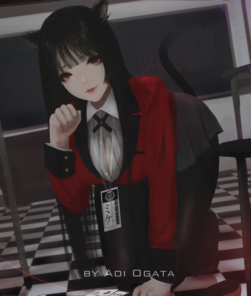 animal_ears aoi_ogata arm_up bangs black_hair blunt_bangs breasts cat_ears cat_girl cat_tail commission eyebrows_visible_through_hair full_body highres jabami_yumeko kakegurui large_breasts lips long_hair long_sleeves looking_at_viewer open_clothes open_shirt pantyhose parted_lips red_eyes shirt solo tail white_shirt
