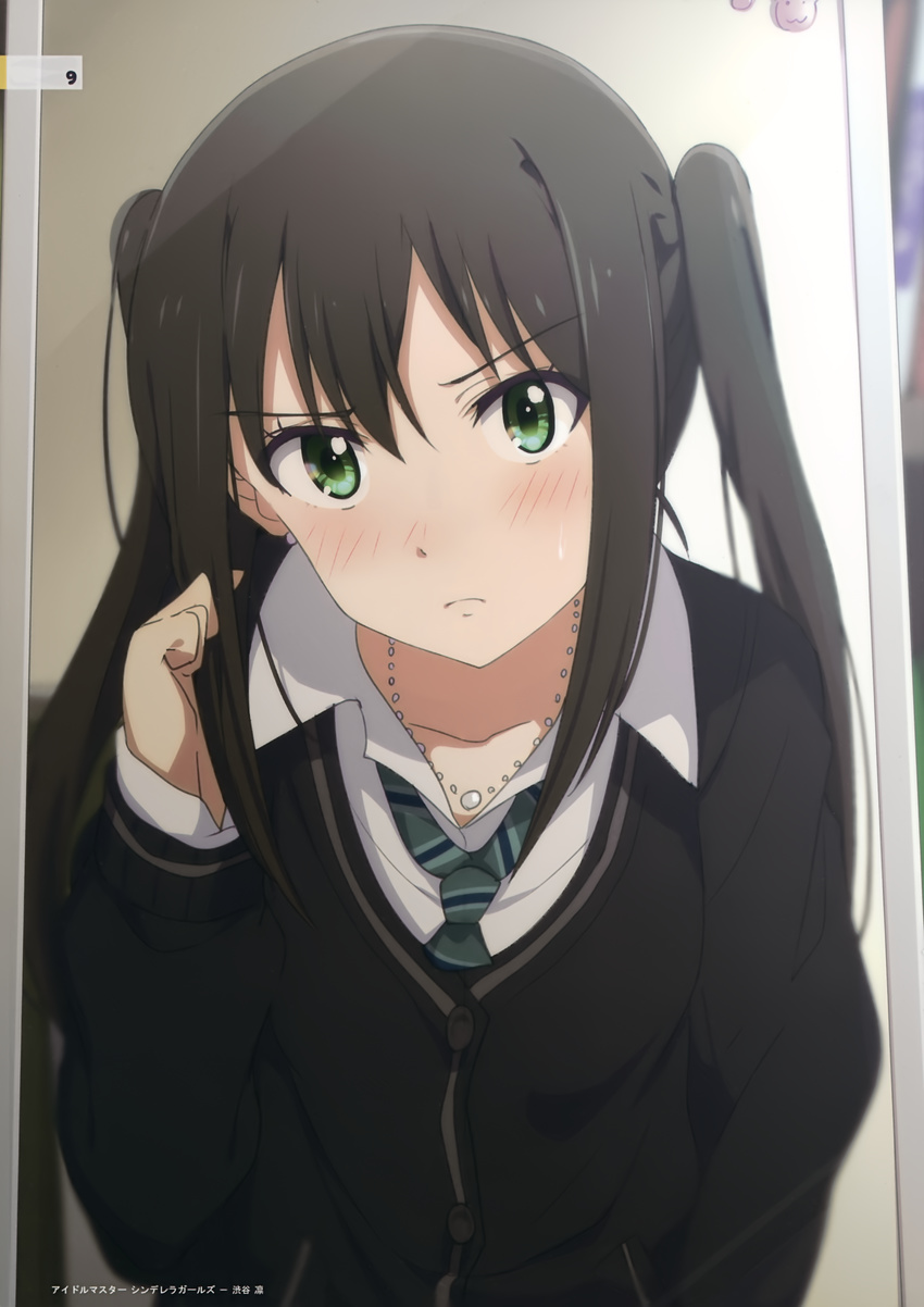 absurdres alternate_hairstyle blush brown_hair cardigan female_pov frown green_eyes highres idolmaster idolmaster_cinderella_girls jewelry long_hair looking_at_viewer mirror necklace necktie ogipote pov scan school_uniform shibuya_rin solo twintails twintails_day