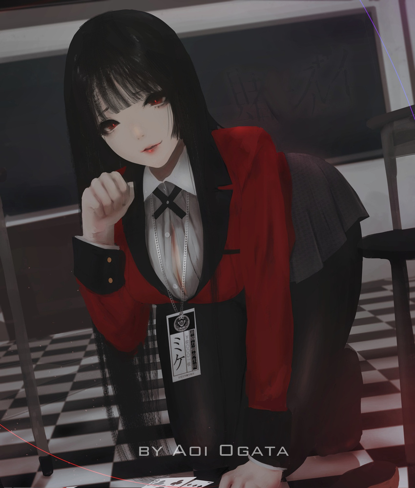 aoi_ogata arm_up bangs black_hair blunt_bangs breasts commission eyebrows_visible_through_hair full_body highres jabami_yumeko kakegurui large_breasts lips long_hair long_sleeves looking_at_viewer open_clothes open_shirt pantyhose parted_lips red_eyes shirt solo white_shirt