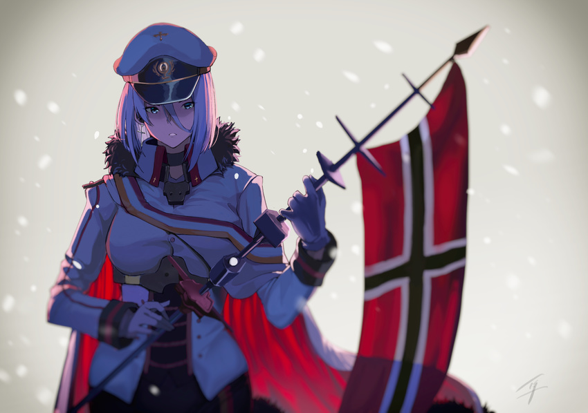 azur_lane blue_eyes cape choker commentary earrings eyebrows_visible_through_hair flag fur_collar gloves hair_between_eyes hat hayabusa highres holding holding_flag jewelry looking_at_viewer mast military military_uniform open_mouth peaked_cap red_cape short_hair signature silver_hair solo tirpitz_(azur_lane) uniform upper_body white_gloves wrist_cuffs