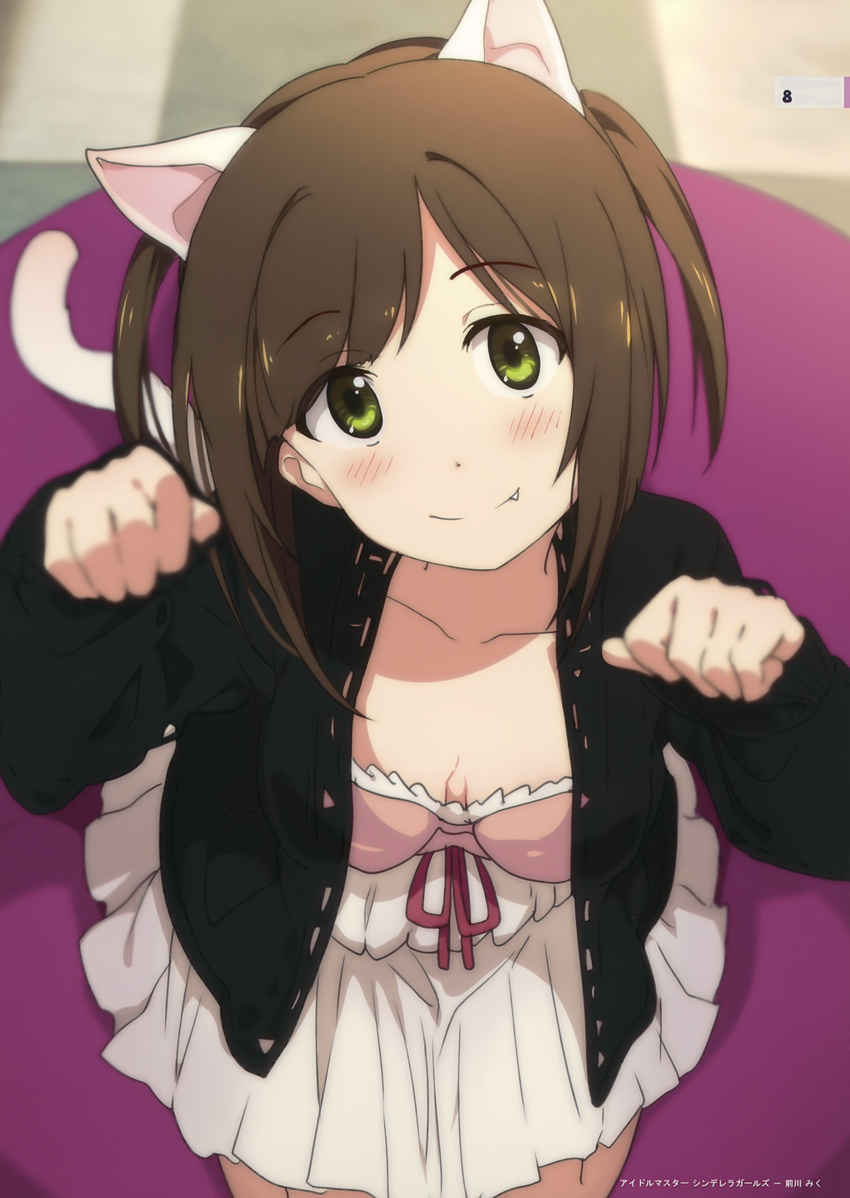 absurdres animal_ears breasts brown_hair cat_ears cat_tail cleavage collarbone downblouse dress fang green_eyes highres idolmaster idolmaster_cinderella_girls jacket kemonomimi_mode long_sleeves maekawa_miku ogipote open_clothes open_jacket paw_pose scan small_breasts smile solo tail white_dress