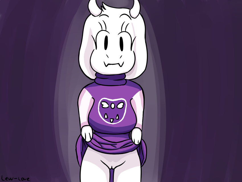 2018 anthro boss_monster breasts caprine clothed clothing clothing_lift dress dress_lift female fur goat hair hi_res lew-love looking_at_viewer mammal mature_female mother no_underwear nude parent presenting pussy skirt skirt_lift solo toriel undertale upskirt video_games