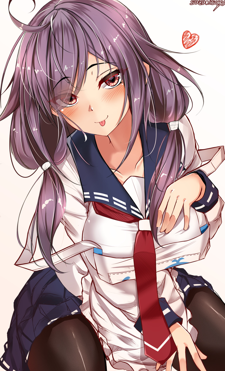 ahoge apron artist_name between_legs black_legwear blue_skirt blush breasts eyebrows_visible_through_hair hair_between_eyes hair_flaps hand_between_legs hand_on_own_chest heart highres kantai_collection large_breasts long_hair looking_at_viewer low_twintails neckerchief pantyhose purple_hair red_eyes red_neckwear sazamiso_rx school_uniform serafuku shirt simple_background skirt solo taigei_(kantai_collection) tongue tongue_out twintails whale white_shirt