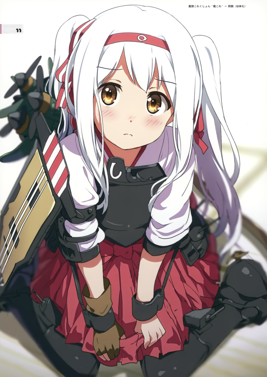 absurdres aircraft airplane alternate_hairstyle armor brown_gloves flight_deck gloves hairband highres kantai_collection long_hair looking_at_viewer ogipote rigging scan shirt shoukaku_(kantai_collection) silver_hair single_glove sitting skirt solo twintails v_arms very_long_hair wariza younger