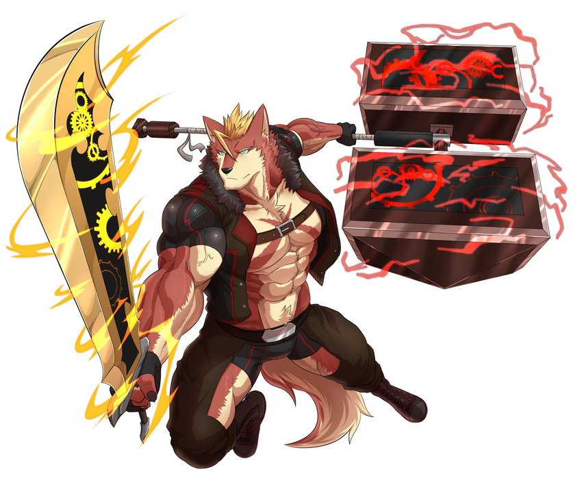 2018 abs absurd_res anthro biceps canine clothing digital_media_(artwork) fur hammer hi_res keijimohumohu kemono male mammal melee_weapon multicolored_fur muscular muscular_male pecs simple_background sword tools weapon white_background wolf