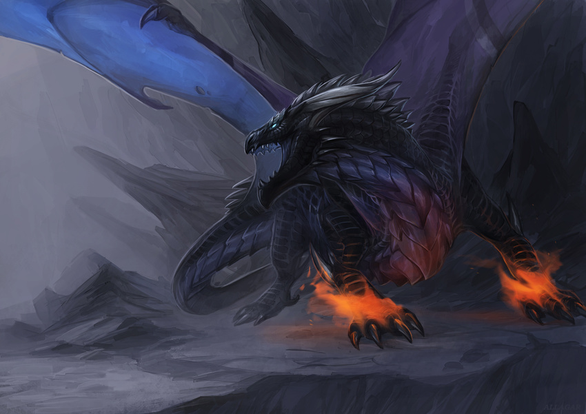 allagar ambiguous_gender black_scales blue_eyes cave claws countershading crouching detailed_background dragon feral fire_dragon fire_magic horn looking_back membranous_wings mountain outside purple_countershading roaring scales scalie sharp_teeth solo spread_wings standing teeth western_dragon wing_claws wings