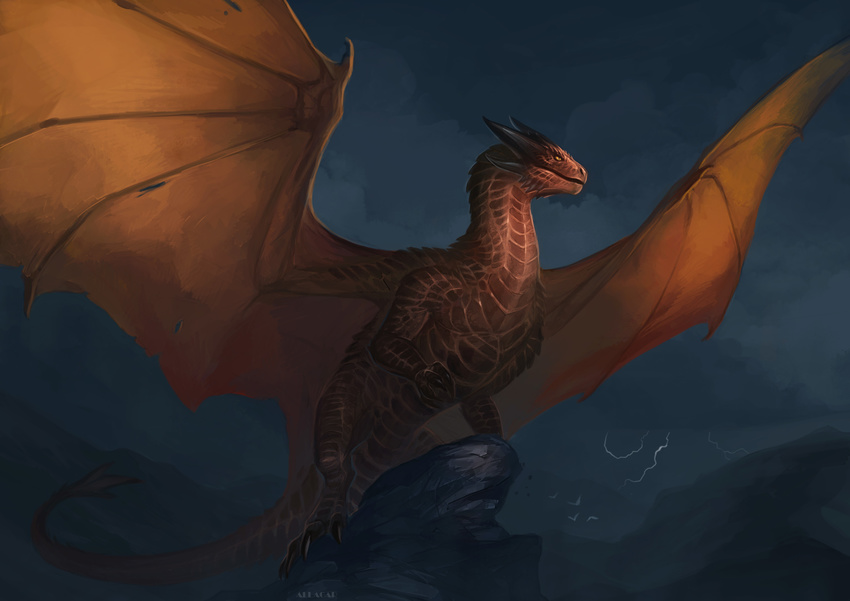 allagar ambient_bird ambiguous_gender avian bird claws cloud detailed_background dragon feral horn jaw_spikes lightning membranous_wings one_leg_uuploadp orange_scales outside red_scales rock scales scalie sky solo standing storm western_dragon wings yellow_eyes