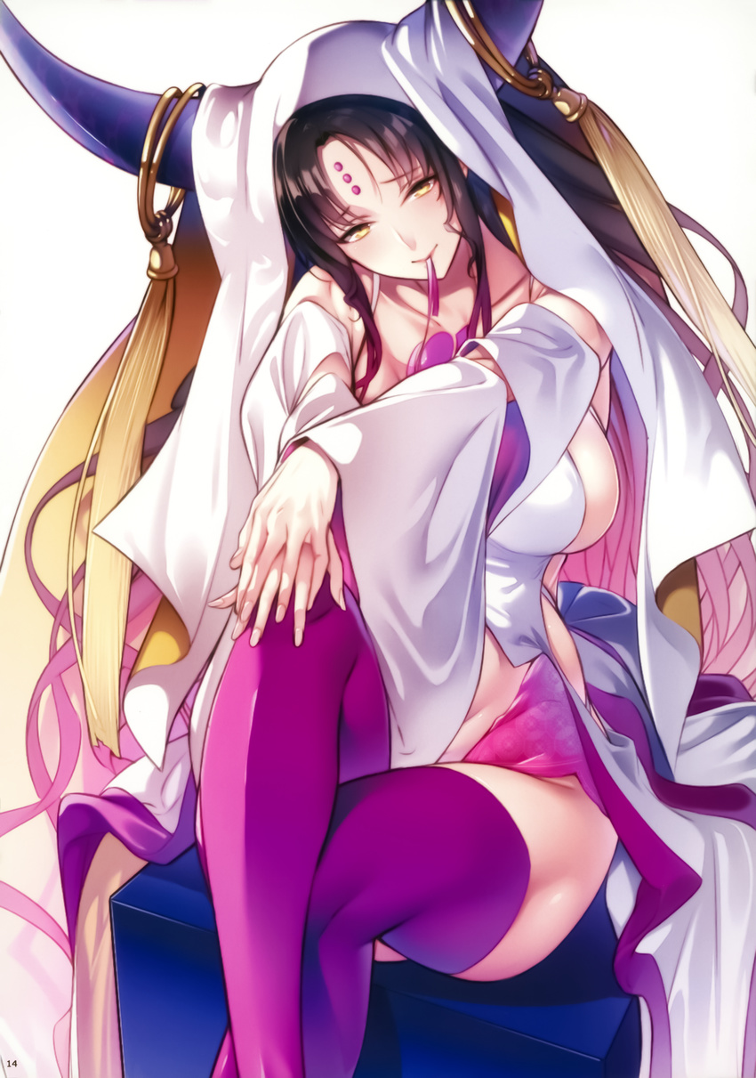 absurdres bare_shoulders black_hair blush breasts collarbone crossed_legs detached_sleeves dress facial_mark fate/extra fate/extra_ccc fate_(series) fingernails forehead_mark gradient_hair highres horn_ornament horns large_breasts legs long_hair long_sleeves looking_at_viewer mouth_hold multicolored_hair nanao_(mahaya) non-web_source pink_hair purple_legwear scan sesshouin_kiara sideboob sidelocks simple_background sitting smile solo thighhighs thighs v_arms veil very_long_hair white_background white_dress wide_sleeves yellow_eyes