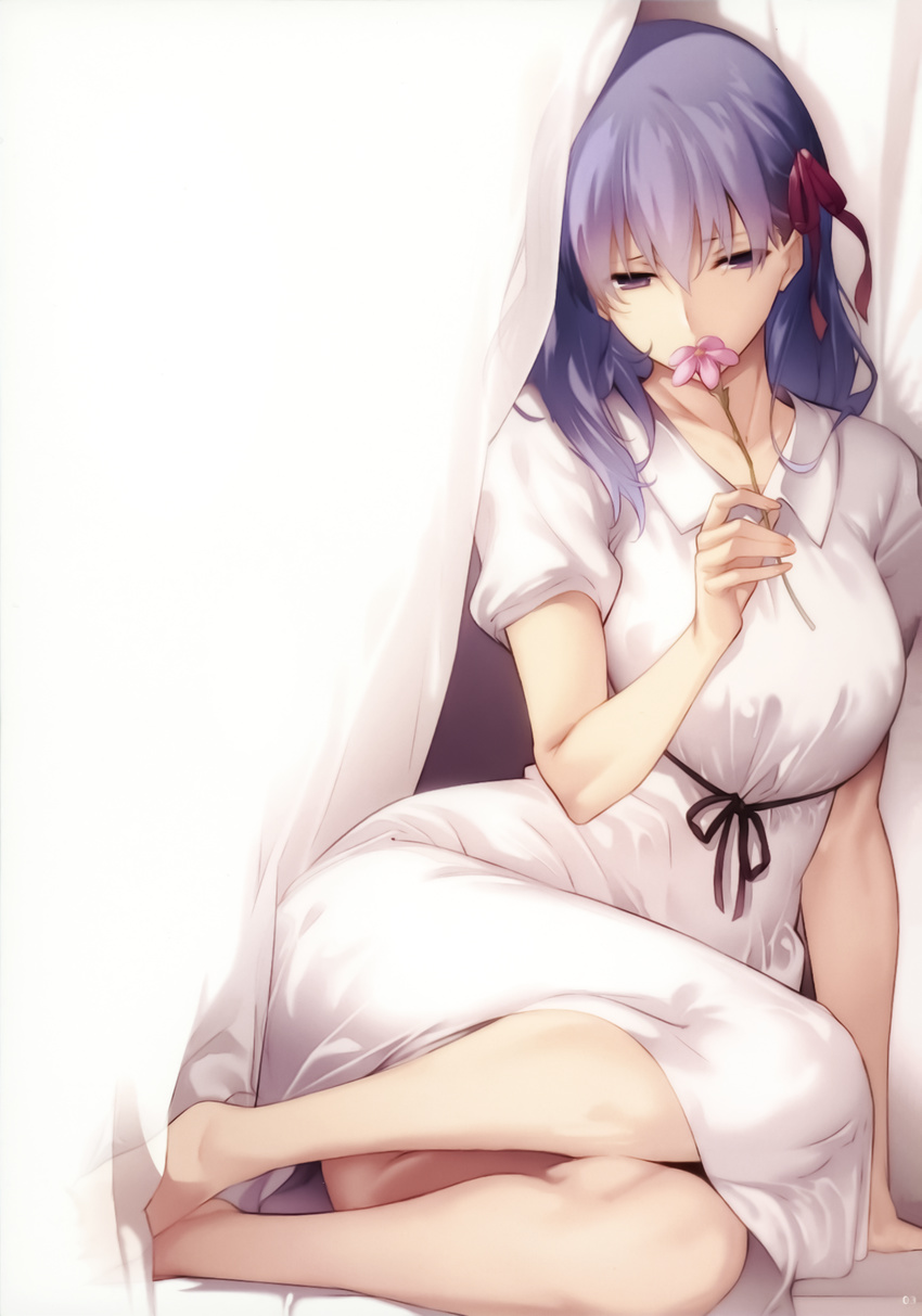 absurdres bangs breasts collarbone dress fate/stay_night fate_(series) fingernails hair_between_eyes hair_ribbon heaven's_feel highres holding legs_together long_hair looking_down matou_sakura medium_breasts nanao_(mahaya) non-web_source purple_hair red_ribbon ribbon short_sleeves simple_background solo white_dress