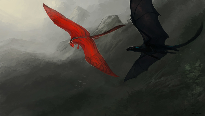 allagar amazing_background ambient_bird ambiguous_gender avian bird black_scales blue_markings brown_markings detailed_background dragon duo eye_contact feral flying forest horn markings membranous_wings mist mountain outside red_scales scales scalie tree western_dragon wings