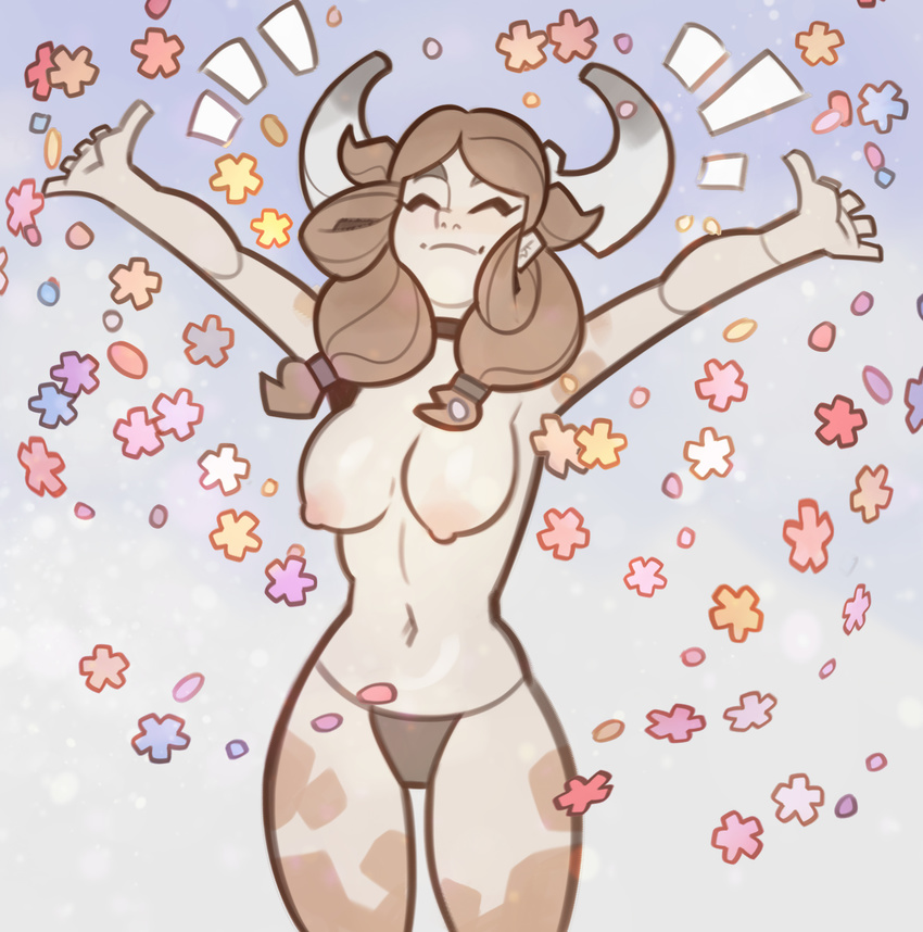 2018 animal_humanoid big_breasts bovine breasts brown_hair cattle choker clothed clothing confetti female hair heidi_moo hi_res humanoid mammal nipples panties smile solo splashbrush standing topless underwear