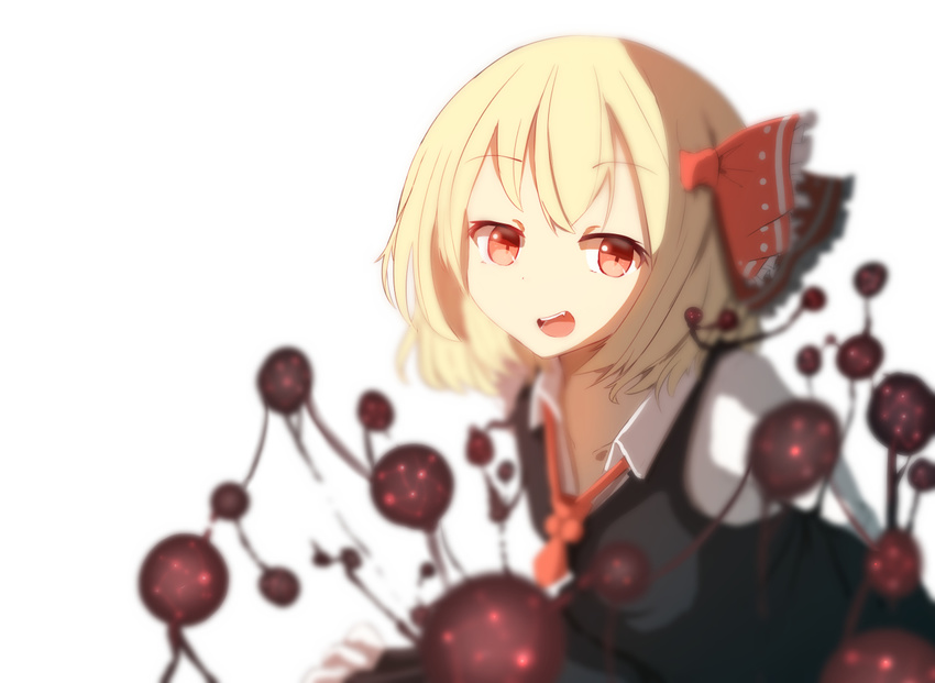 arms_behind_back blonde_hair darkness eyebrows_visible_through_hair hair_ribbon looking_at_viewer necktie open_mouth pran_(nipura) red_eyes red_neckwear red_ribbon ribbon rumia simple_background smile solo touhou vest white_background