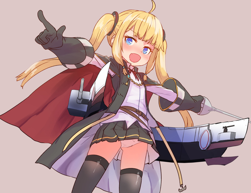 :d ahoge amazon_(azur_lane) ass_visible_through_thighs azur_lane bangs belt black_gloves black_legwear black_skirt blonde_hair blue_eyes blunt_bangs blush cape commentary_request cowboy_shot eyebrows_visible_through_hair fang gloves holding holding_sword holding_weapon long_hair long_sleeves looking_at_viewer neck_ribbon open_mouth outstretched_arms panties pantyshot pantyshot_(standing) pink_background pleated_skirt pointing rapier red_cape red_ribbon ribbon shirt simple_background skirt smile solo spread_arms standing sumiyao_(amam) sword thighhighs twintails underwear v-shaped_eyebrows weapon white_panties white_shirt