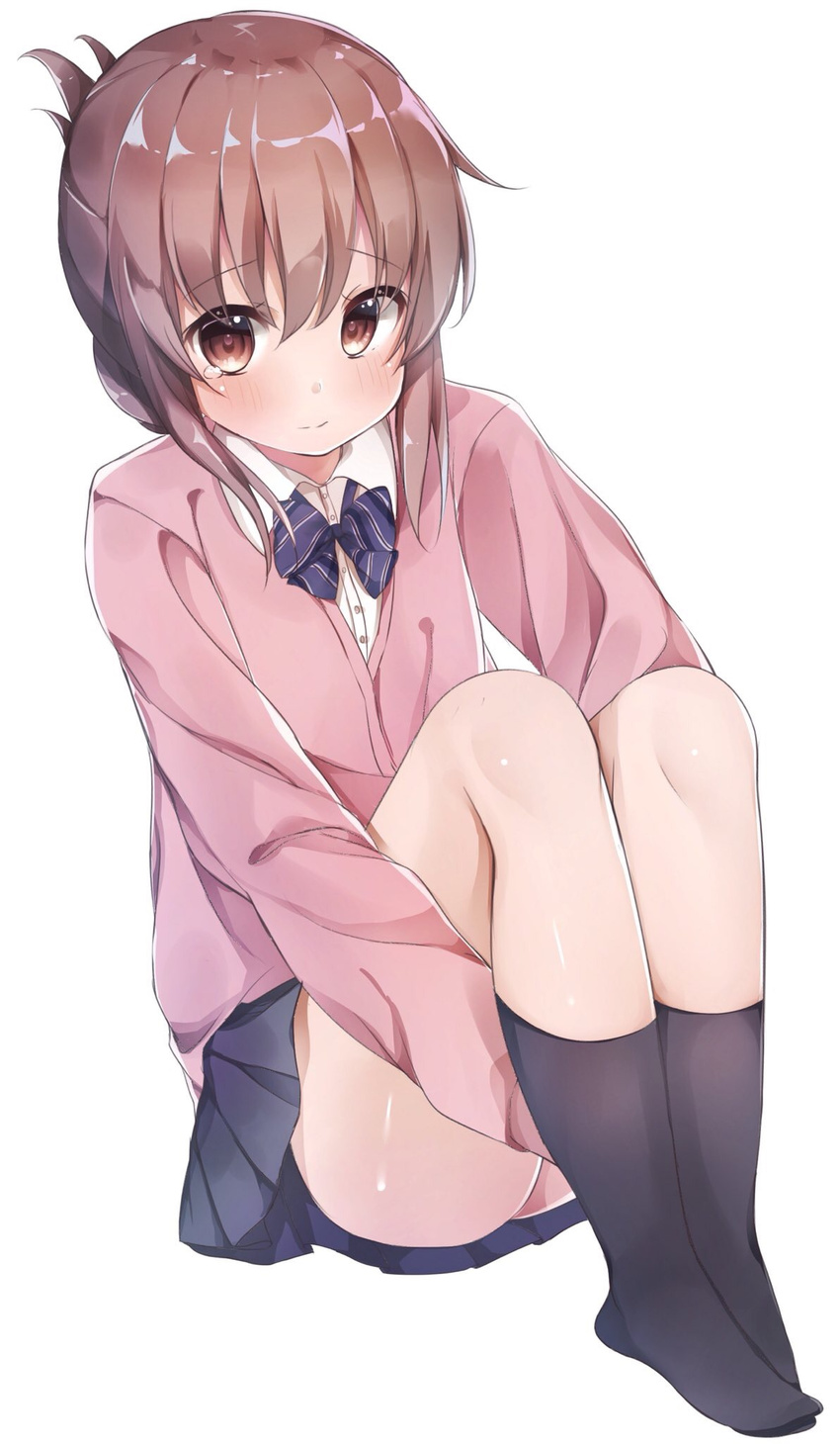 alternate_costume black_legwear black_skirt blush bow bowtie brown_eyes brown_hair buttons closed_mouth dress_shirt eyebrows_visible_through_hair folded_ponytail hair_between_eyes highres inazuma_(kantai_collection) kantai_collection kneehighs leg_hug legs_together long_sleeves looking_at_viewer miniskirt mochi_nabe no_shoes pink_cardigan pleated_skirt school_uniform shirt short_hair simple_background sitting skirt solo tears white_background white_shirt