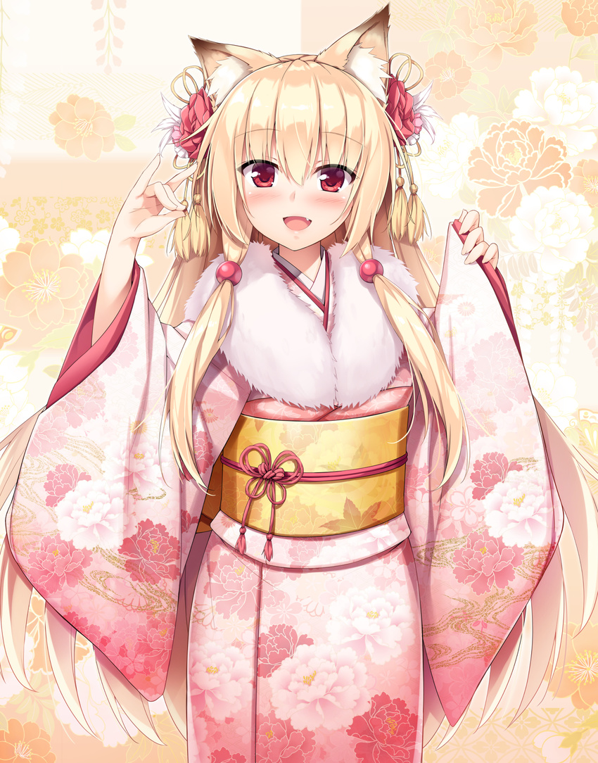 :d akizora_momiji animal_ear_fluff animal_ears bangs blonde_hair blush commentary_request eyebrows_visible_through_hair fang floral_background floral_print flower fox_ears fox_shadow_puppet fur_collar hair_flower hair_ornament hands_up highres japanese_clothes kimono leaf_print long_hair long_sleeves looking_at_viewer obi open_mouth original pink_kimono print_kimono red_eyes sash smile solo standing very_long_hair wide_sleeves yellow_sash