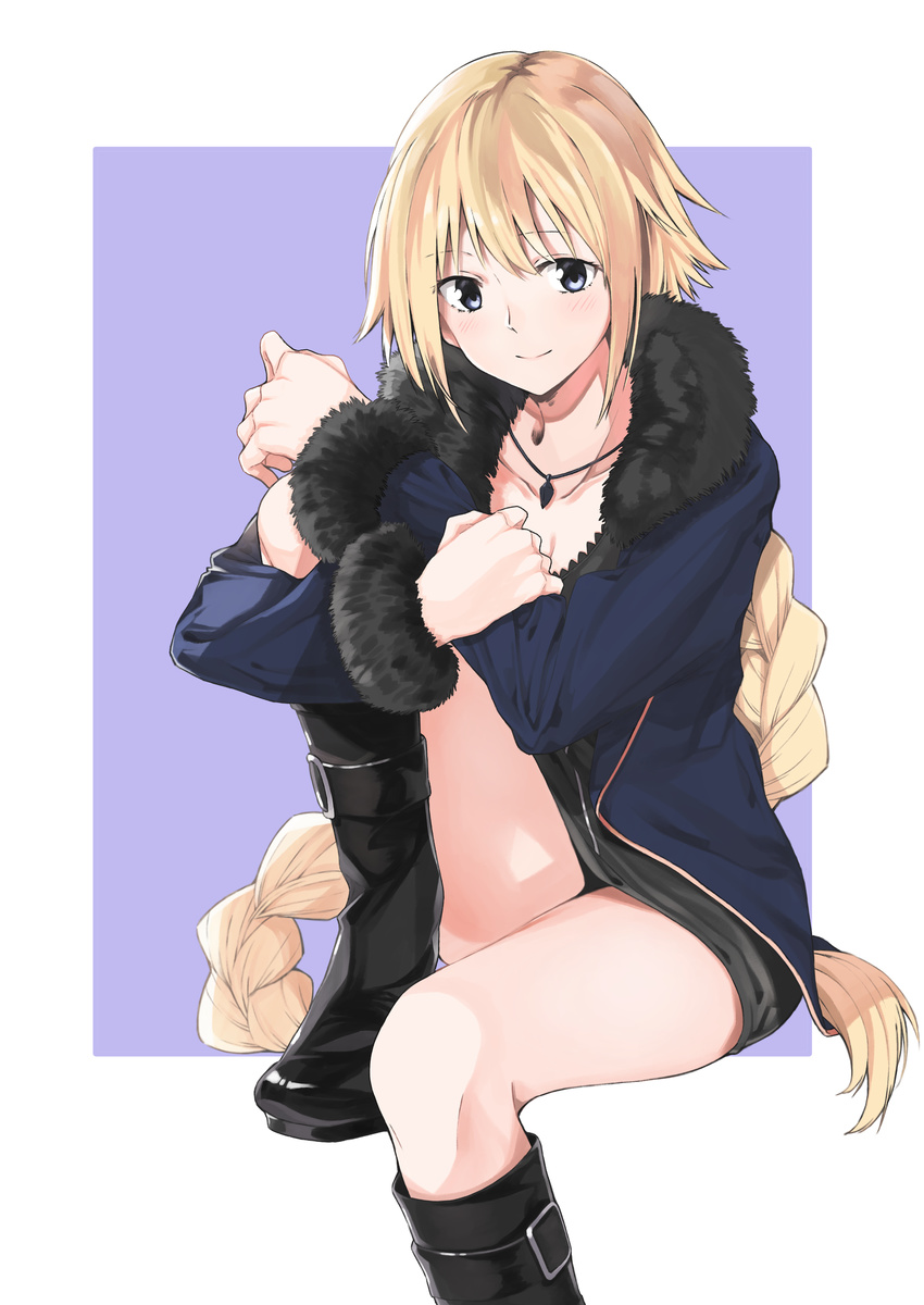 absurdres amu_(258shin) bangs belt_boots black_footwear black_shirt blonde_hair blue_eyes blue_jacket blush boots braid closed_mouth commentary_request eyebrows_visible_through_hair fate/apocrypha fate/grand_order fate_(series) fur-trimmed_jacket fur-trimmed_sleeves fur_trim highres jacket jeanne_d'arc_(alter)_(fate) jeanne_d'arc_(fate) jeanne_d'arc_(fate)_(all) jewelry knee_boots knee_up leg_hug long_hair looking_at_viewer necklace open_clothes open_jacket outside_border purple_background shirt simple_background single_braid sitting solo very_long_hair white_background wicked_dragon_witch_ver._shinjuku_1999