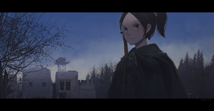 absurdres black_hair blue_background building cloak closed_mouth commentary_request faiz_azhar forest highres letterboxed looking_at_viewer nature original outdoors ponytail short_hair simple_background smile solo tower tree twilight