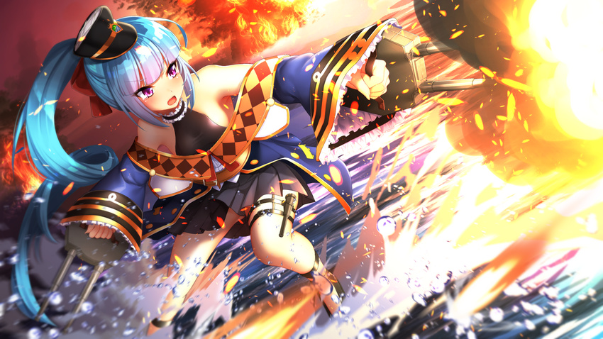 ajifurai arethusa_(azur_lane) armpits azur_lane battle blue_hair cannon commentary_request explosion fire hair_ribbon hat highres long_hair looking_to_the_side ocean open_mouth ponytail purple_eyes ribbon shoes smoke solo tears weapon