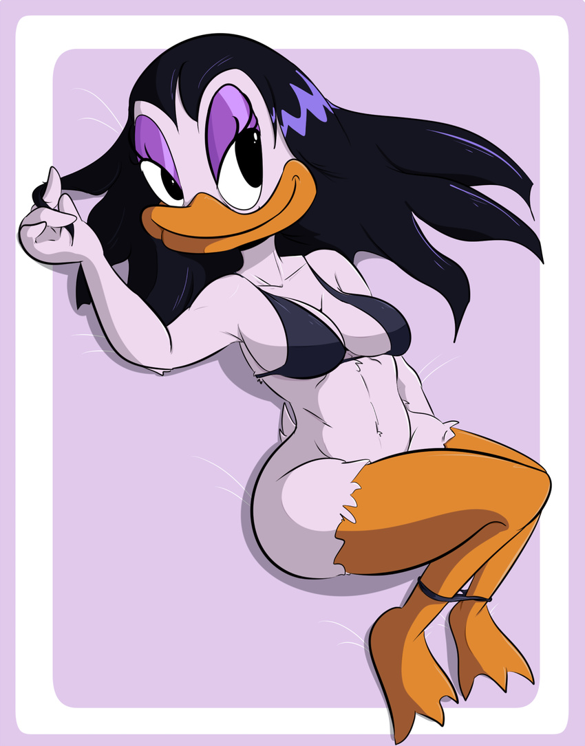 2018 4_fingers anthro avian bedroom_eyes bird black_eyes black_hair bottomless breasts cleavage clothed clothing davidsanchan digital_media_(artwork) duck ducktales eyelashes feathers female hair half-closed_eyes lying magic_user magica_de_spell navel on_back panties panties_down seductive side_boob simple_background smile solo swimsuit under_boob underwear white_feathers witch