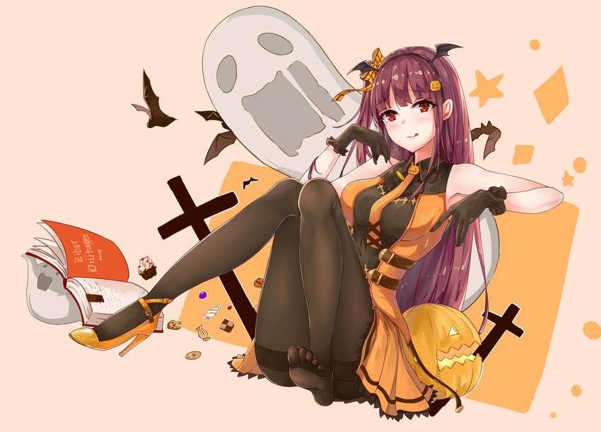 :q alternate_costume armpits bangs bare_shoulders bat bat_hair_ornament belt black_gloves black_legwear blunt_bangs blush book bow breasts candy chocolate commentary_request cross cupcake dress elbow_rest eyebrows eyebrows_visible_through_hair food food_themed_hair_ornament full_body ghost girls_frontline gloves hair_bow hair_ornament hair_ribbon half_updo halloween halloween_costume hand_up head_tilt high_heels highres knees_together_feet_apart large_breasts leaning_on_object long_hair looking_at_viewer navel necktie open_book orange_footwear pantyhose pumpkin pumpkin_hair_ornament purple_hair red_eyes ribbon shoes single_shoe sitting smile soles solo tongue tongue_out very_long_hair wa2000_(girls_frontline) zidong_fanmai_jii_o3