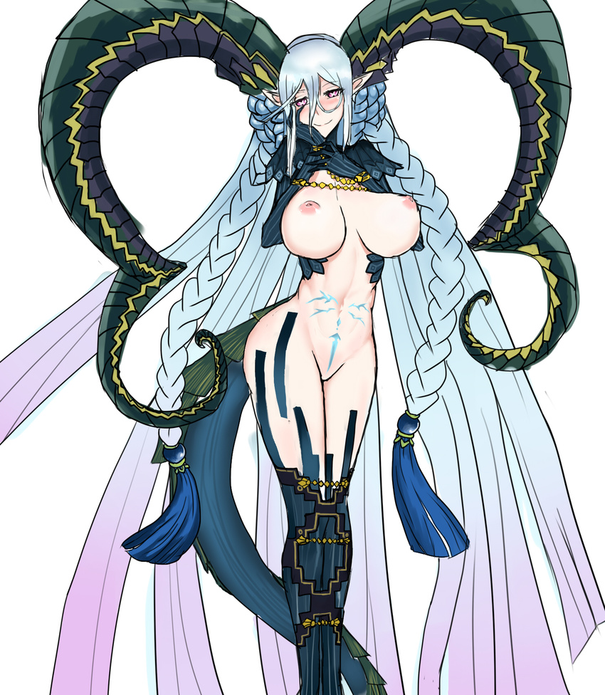 absurdly_long_hair blue_hair blue_legwear blush braid breasts chain closed_mouth commentary_request curled_horns eyebrows_visible_through_hair fate/grand_order fate_(series) feet_out_of_frame gradient_hair hair_between_eyes hands_on_own_face heart heart-shaped_pupils highres horns large_breasts legs_together long_hair looking_at_viewer multicolored_hair navel nipples pink_hair simple_background smile solo srui standing symbol-shaped_pupils tail tattoo thighhighs tiamat_(fate/grand_order) very_long_hair white_background yandere_trance