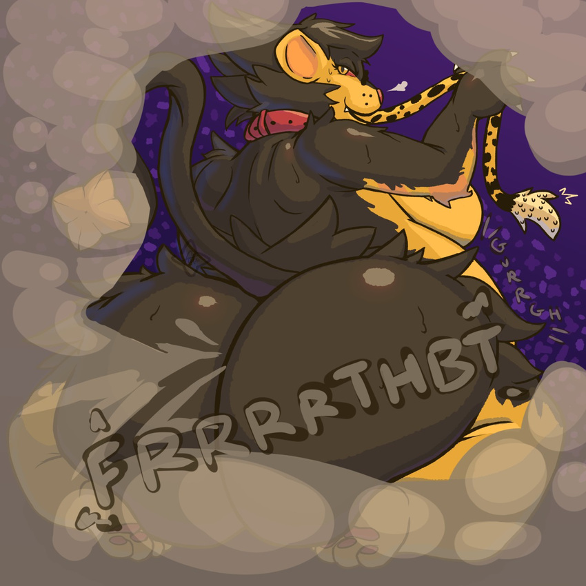 2018 anthro belly big_butt black_fur breasts butt cheetah collar duo fart feline female fur gurgle huge_butt kneeling luxray mammal nintendo nude oral_vore overweight overweight_female pok&eacute;mon pok&eacute;mon_(species) purple_background rear_view red_sclera shiny_pok&eacute;mon side_boob simple_background solo_focus sound_effects stomach_noises sweat teetah tiut video_games vore yellow_eyes yellow_fur