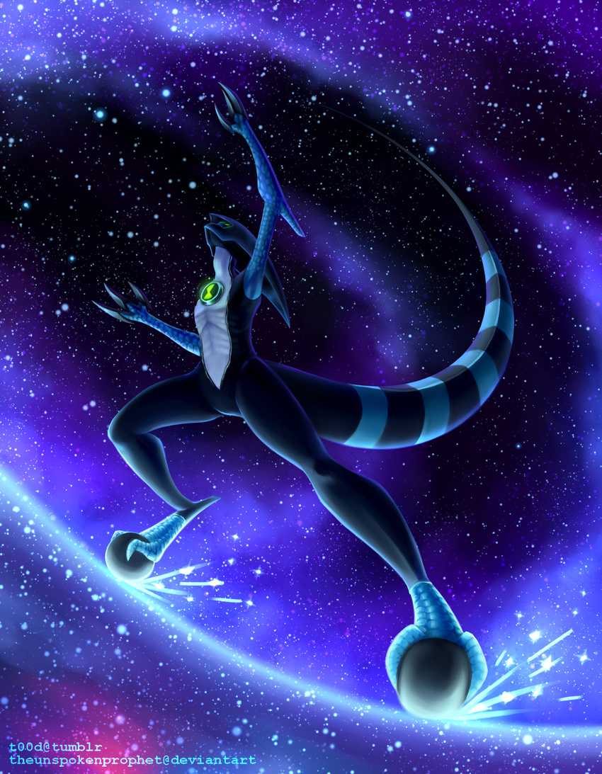 2017 2_toes 3_fingers alien ben_10 black_claws blue_scales cartoon_network claws clothed clothing digital_drawing_(artwork) digital_media_(artwork) glowing green_eyes hi_res kineceleran long_tail looking_up low-angle_view scales skinny solo space sparks star striped_tail stripes theunspokenprophet toes watermark xlr8