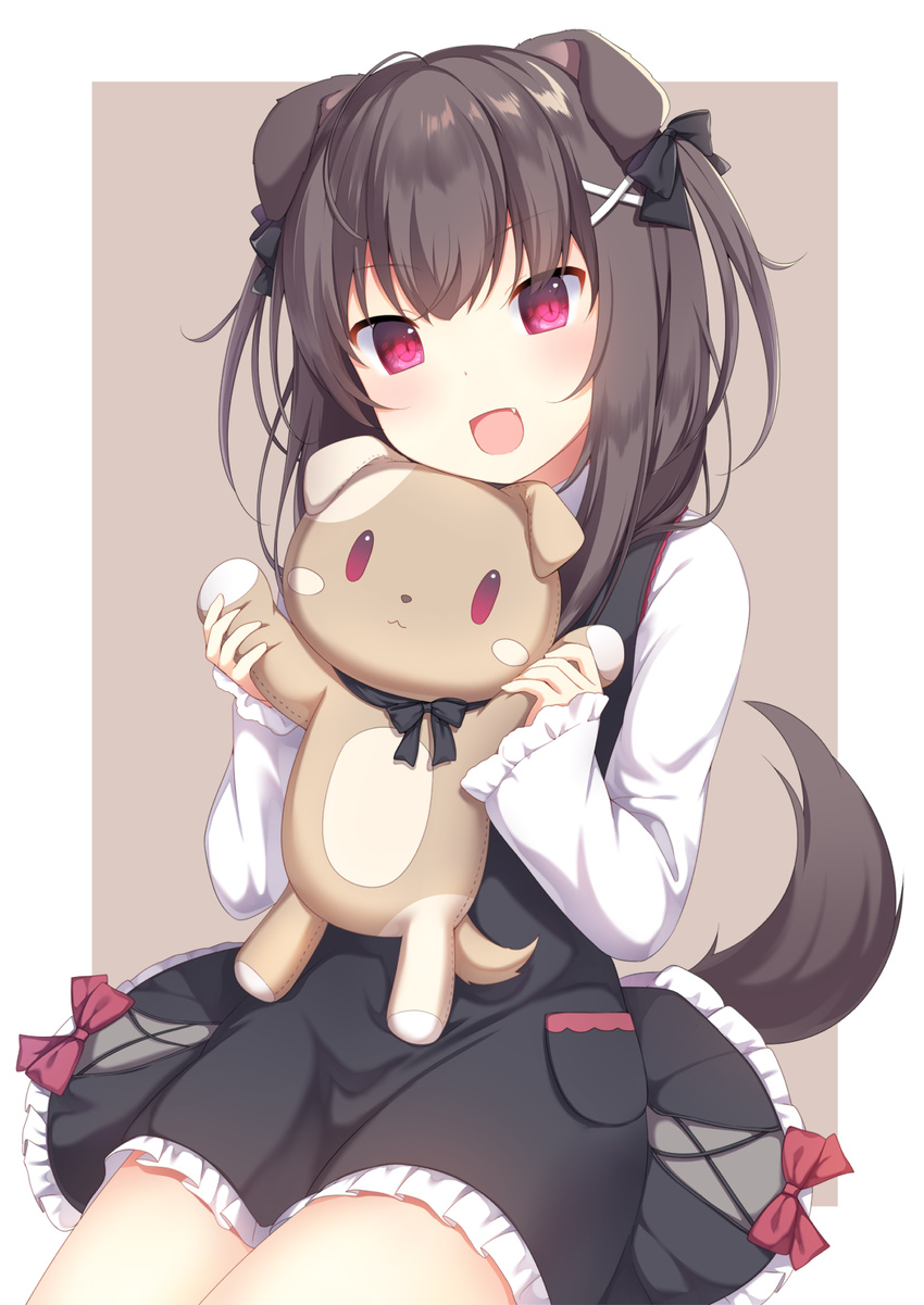 :d amashiro_natsuki animal_ears black_bow black_dress blush bow brown_background brown_hair commentary_request dog_ears dog_girl dog_tail dress fang frilled_dress frills hair_bow hair_ornament head_tilt highres holding holding_stuffed_animal long_hair long_sleeves looking_at_viewer open_mouth original pocket purple_eyes red_bow shirt sitting sleeves_past_wrists smile solo stuffed_animal stuffed_dog stuffed_toy tail two-tone_background white_background white_shirt x_hair_ornament