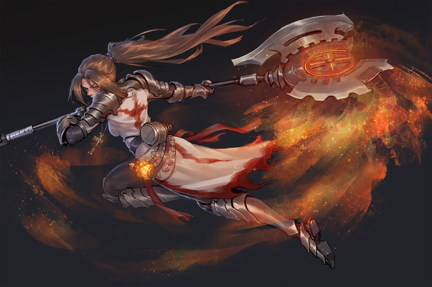armor axe black_background brown_eyes brown_hair cross cross_necklace dungeon_and_fighter facepaint female_priest_(dungeon_and_fighter) full_body gauntlets highres inquisitor_(dungeon_and_fighter) jewelry motion_blur necklace ponytail potion slashing solo xian_yu_mo_ren