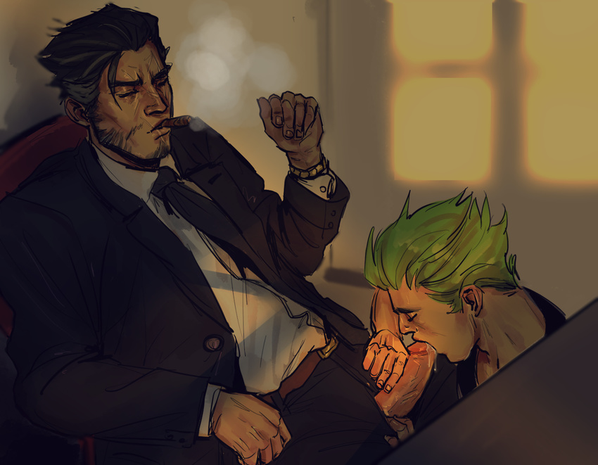 2boys age_difference beard cigar cum cum_in_mouth desk erection facial_hair family father_and_son fellatio genji_(overwatch) green_hair incest male_focus necktie overwatch penis scar siting sitting smoke smoking suit yaoi yuutayo