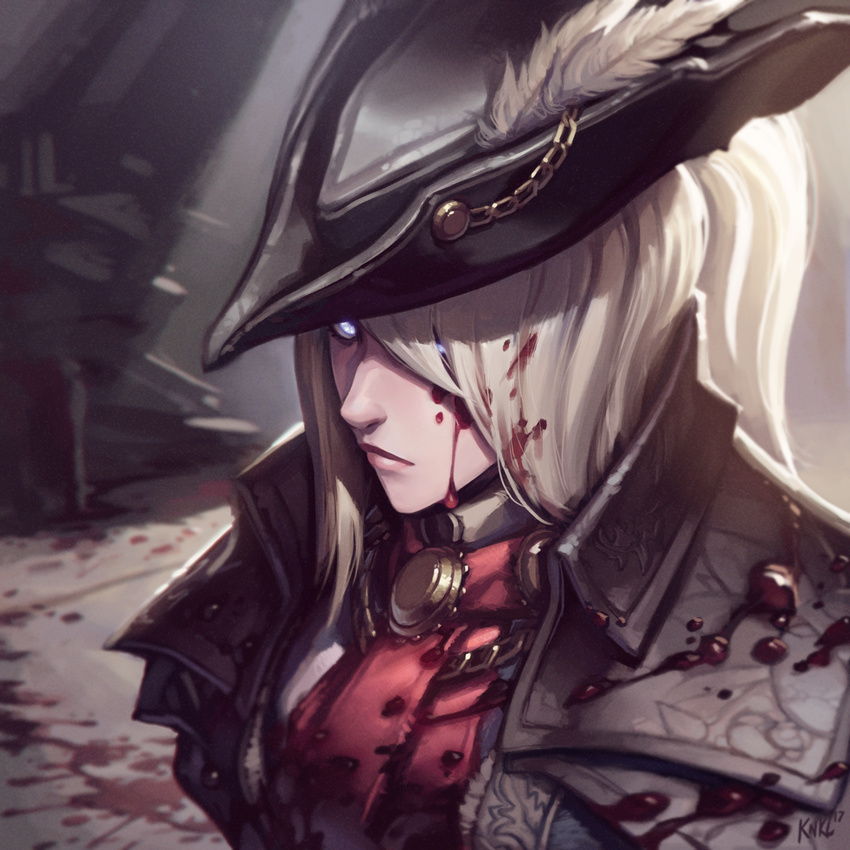 blonde_hair blood blood_on_face bloodborne blue_eyes cravat hat highres kienan_lafferty lady_maria_of_the_astral_clocktower pale_skin the_old_hunters tricorne upper_body