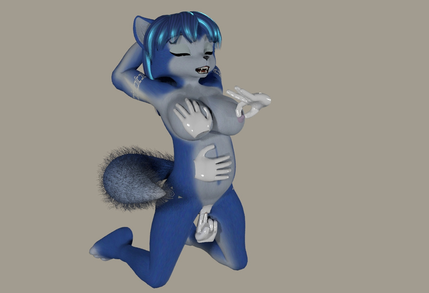 2018 3d_(artwork) anthro big_breasts blue_fur blue_hair breasts canine clothed clothing digital_media_(artwork) disembodied_hand female fingering fox fur hair hand_on_breast krystal looking_pleasured mammal nintendo nipple_pinch nipples nude open_mouth pinch pussy sex simple_background solo solo_focus star_fox themeshow101 vaginal vaginal_fingering video_games white_fur