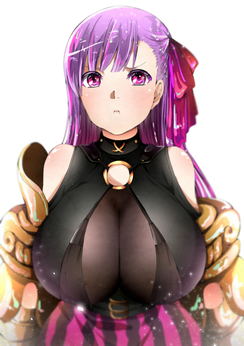 :t absurdres bad_id bad_pixiv_id bare_shoulders belt_collar breasts closed_mouth commentary_request fate/extra fate/extra_ccc fate/grand_order fate_(series) gauntlets hair_ribbon highres huge_breasts kurosaki_kaoru looking_at_viewer o-ring o-ring_top passion_lip pink_ribbon pout purple_eyes purple_hair ribbon solo