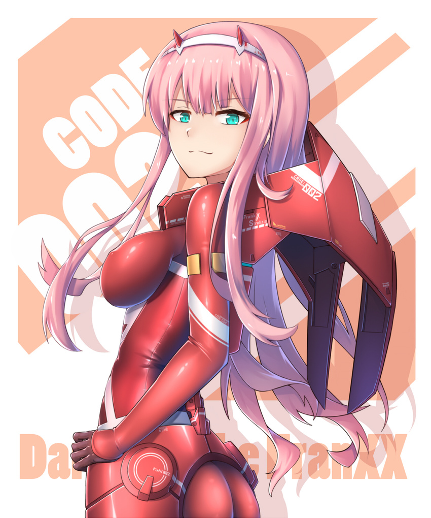 aqua_eyes ass bodysuit breasts character_name closed_mouth commentary covered_nipples cowboy_shot darling_in_the_franxx eyebrows_visible_through_hair from_behind gold_trim hairband highres horns impossible_bodysuit impossible_clothes kaiyi long_hair looking_at_viewer looking_back medium_breasts pilot_suit pink_hair red_bodysuit shiny shiny_clothes shiny_hair sideboob skin_tight smile solo standing white_hairband zero_two_(darling_in_the_franxx)
