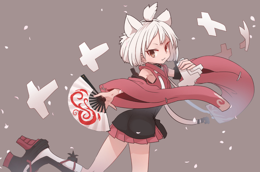 animal_ears azur_lane brown_eyes closed_mouth detached_sleeves fan fang_out folding_fan grey_background holding japanese_clothes long_sleeves looking_at_viewer paper_airplane platform_footwear pleated_skirt red_skirt sandals short_hair shouhou_(azur_lane) simple_background skirt smile socks solo standing standing_on_one_leg sumiyao_(amam) topknot white_hair white_legwear wide_sleeves