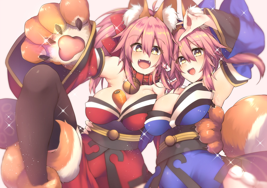 animal_ears bare_shoulders bell bell_collar between_breasts black_legwear blush breasts carrot cat_paws cleavage collar collarbone commentary_request detached_sleeves dual_persona fangs fate/grand_order fate_(series) food fox_ears fox_shadow_puppet fox_tail gloves hair_ribbon japanese_clothes jingle_bell kaenuco large_breasts long_hair looking_at_viewer multiple_girls open_mouth paw_gloves paw_shoes paws pink_hair ponytail ribbon shoes tail tamamo_(fate)_(all) tamamo_cat_(fate) tamamo_no_mae_(fate) thighhighs vegetable yellow_eyes