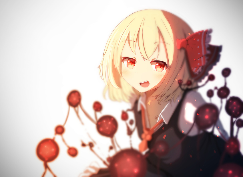 arms_behind_back blonde_hair darkness eyebrows_visible_through_hair gradient gradient_background hair_ribbon looking_at_viewer necktie open_mouth pran_(nipura) red_eyes red_neckwear red_ribbon ribbon rumia smile solo touhou vest