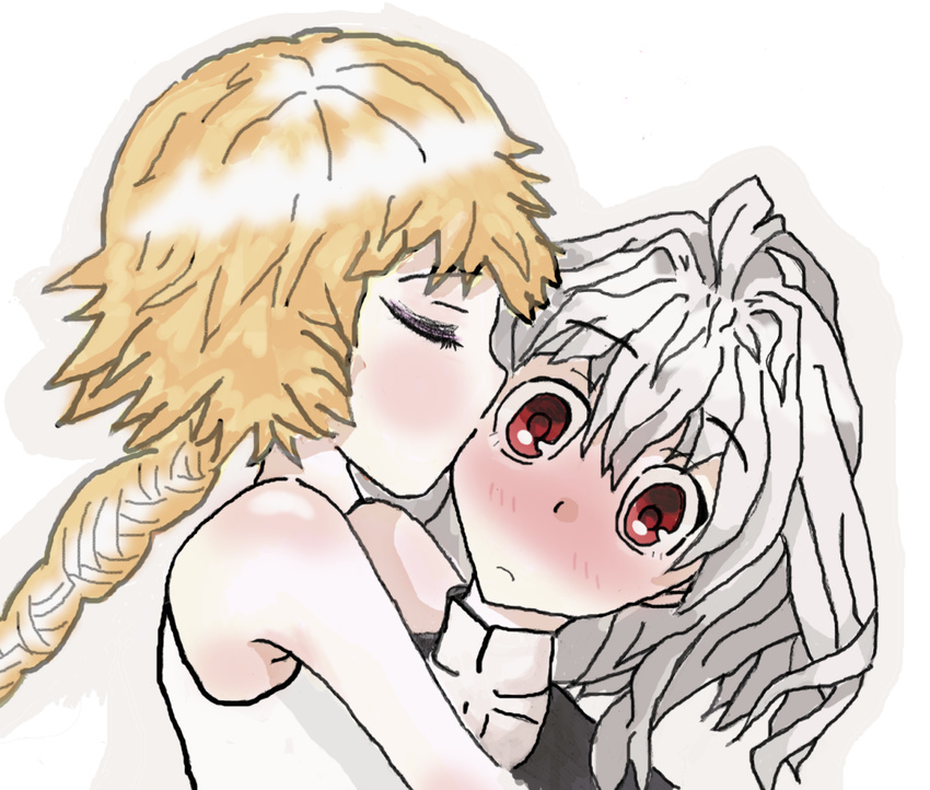 1boy 1girl ahoge bangs blonde_hair blush braid cheek_kiss couple eyebrows_visible_through_hair eyes_closed fate/apocrypha fate_(series) jeanne_d'arc_(fate) jeanne_d'arc_(fate)_(all) long_braid long_hair red_eyes ruler_(fate/apocrypha) shinichameleon shirt short_hair sieg_(fate/apocrypha) silver_hair single_braid sleeveless sleeveless_shirt very_long_hair waistcoat white_shirt