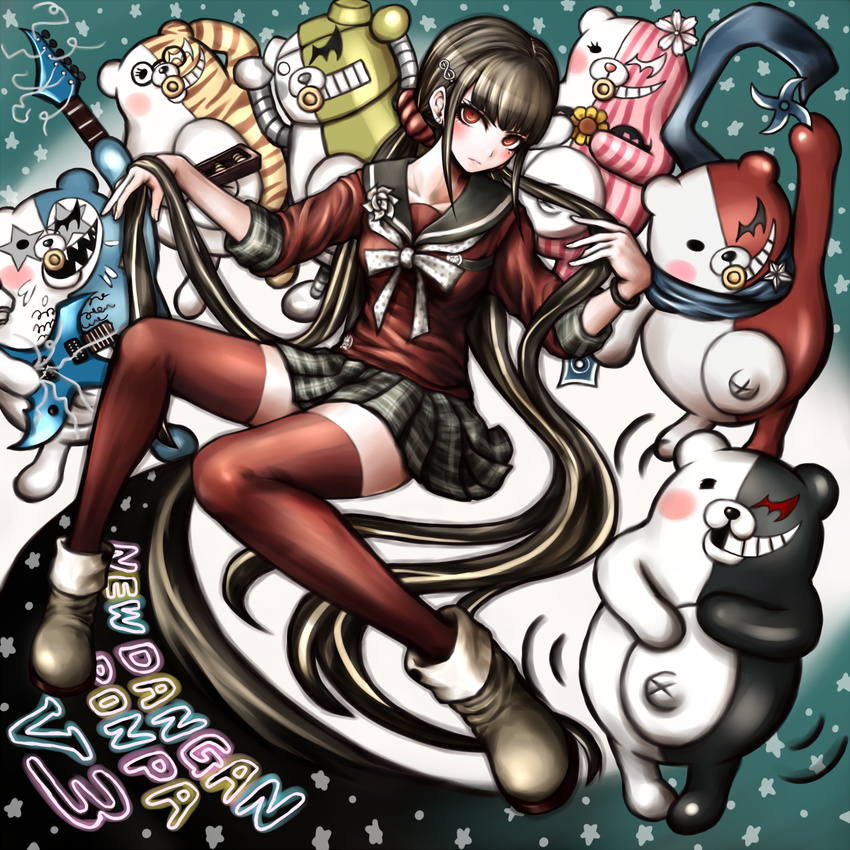 black_hair danganronpa hair_ornament hairclip harukawa_maki highres jewelry komatsuzaki_rui_(style) long_hair looking_at_viewer mole mole_under_eye monodam monofunny monokid monokuma monosuke monotarou_(danganronpa) new_danganronpa_v3 oyume plaid plaid_skirt pleated_skirt red_eyes red_legwear red_scrunchie school_uniform scrunchie serafuku sitting skirt thighhighs twintails very_long_hair