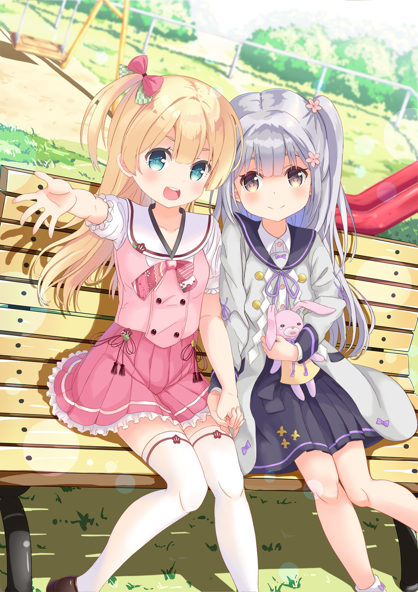 :d arima_takahana banned_artist bench black_skirt blonde_hair blue_eyes bow brown_eyes day dress flower grass grey_hair hair_bow hair_flower hair_ornament highres holding holding_hands holding_stuffed_animal kanade_baden_yufuin looking_at_viewer multiple_girls onsen_musume open_mouth outdoors outstretched_hand pink_dress playground shadow side_ponytail sitting skirt slide smile stuffed_animal stuffed_bunny stuffed_toy swing_set thighhighs white_legwear yukiha_kanade