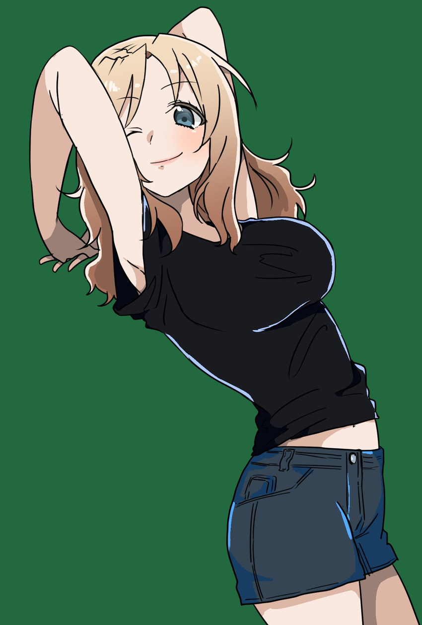 ;) arms_behind_head arms_up bangs black_shirt blonde_hair blue_eyes blue_shorts blush breasts buttons closed_mouth cowboy_shot denim denim_shorts eyebrows eyebrows_visible_through_hair eyelashes girls_und_panzer green_background highres interlocked_fingers kay_(girls_und_panzer) large_breasts leaning leaning_back lips long_hair looking_at_viewer navel one_eye_closed pink_lips pocket shirt short_shorts short_sleeves shorts simple_background smile solo standing stomach t-shirt taut_clothes taut_shirt yuuki_(amamikure)